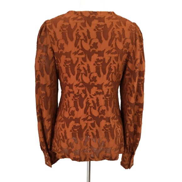 Eva Franco Anthropologie Burnout Velvet Top sz XS Puff Sleeve Sheer Rust Orange - Picture 9 of 16
